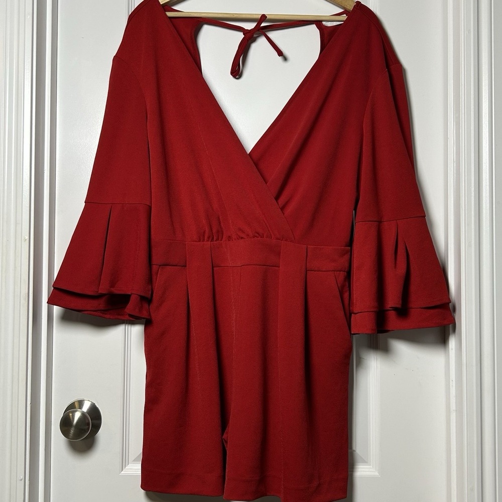 New York‎ & Company Stretch Red Bell Sleeve Open Back Crossover Neckline Romper